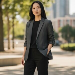 Nine West Women's Charcoal Gray One Button Blazer Size 12 Ruched Button Sleeves